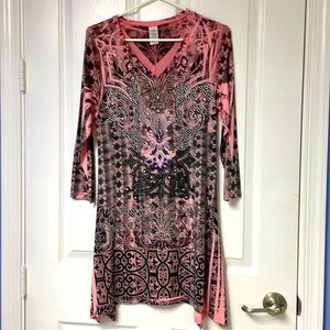 Pink black and grey long tunic bedazzled trapeze top. Size L